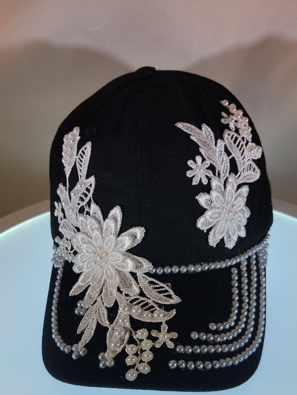 Black Floral Pearl Embellished Baseball Cap